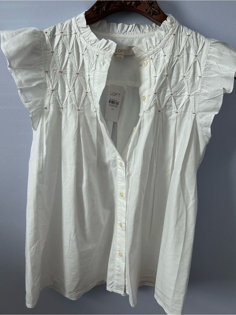 XS LOFT White Ruffled Smocked Button-Front Blouse, New - Picture 2 of 7